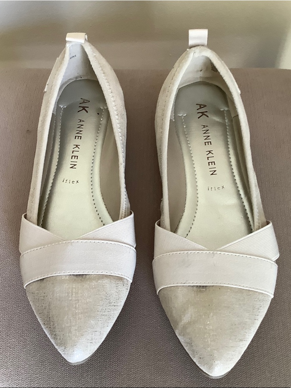 Anne Klein Cream Pointed-Toe Slip-On Flats with Cross Band